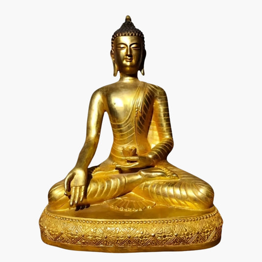 The Amitabha Lumina Buddha Statue is a handcrafted spiritual figure made from pure copper with a radiant brass gilt finish. This intricately detailed statue represents Amitabha Buddha, a symbol of enlightenment, boundless life, and infinite light. Seated in a meditative posture, the Buddha holds a sacred bowl in one hand while the other hand extends in a gesture of compassion and giving. The statue rests on an ornately carved base, adding to its traditional Tibetan craftsmanship.