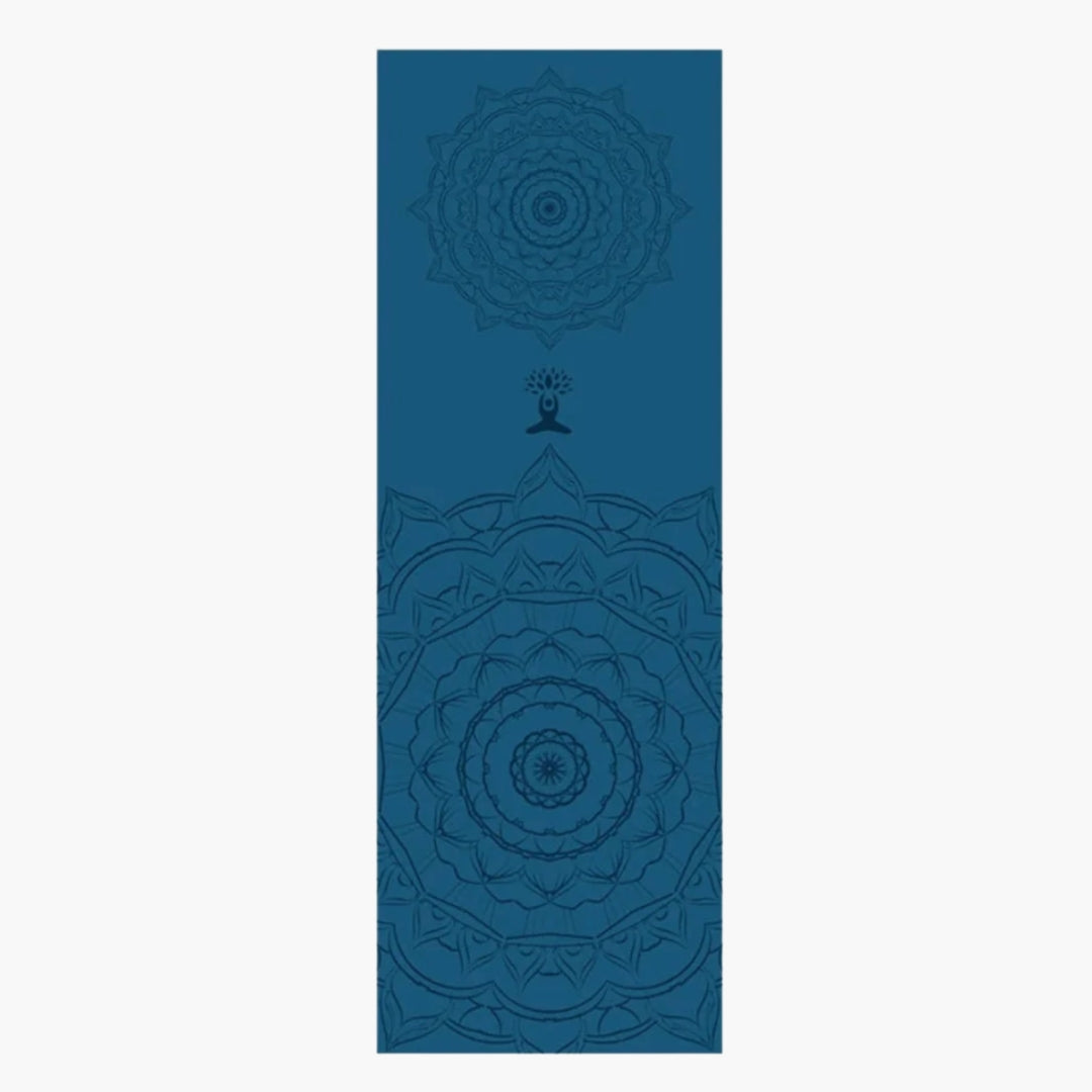 A non-slip yoga towel named "CornerGrip," featuring a deep blue color with intricate mandala patterns. Designed with secure corner pockets to prevent slipping and bunching during practice, this microfiber towel enhances grip, absorbs sweat, and provides a soft yet stable surface for hot yoga, pilates, and meditation. Lightweight and quick-drying, it’s ideal for yogis seeking extra hygiene and comfort on their mat.