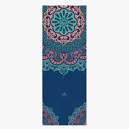 The EcoComfort Yoga Towel in the Aurora Path design is a premium microfiber towel created for stability, comfort, and hygiene during yoga practice. Featuring a rich navy blue background with intricate mandala patterns in shades of teal, coral, and soft pink, this design evokes a sense of elegance and balance. The skid-free surface ensures excellent grip, preventing slipping during intense or hot yoga sessions.