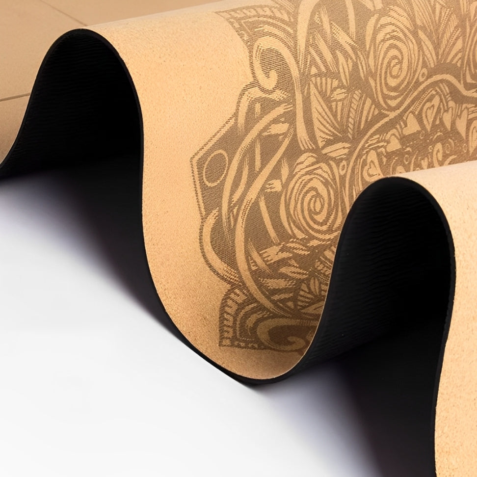 The EcoMat Cork Yoga Mat is a premium eco-friendly mat designed for stability, comfort, and sustainability. Crafted from natural cork with a non-slip black rubber base, it provides excellent grip and cushioning for yoga, Pilates, and fitness exercises. The top layer features an intricate artistic design, adding a touch of mindfulness and style to your practice. With dimensions of 183 x 61 cm and a 4 mm thickness, it offers ample space while ensuring joint protection and balance support.