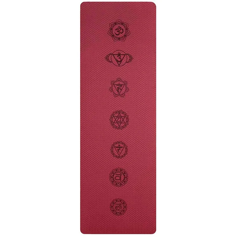 Image showcasing the EcoGrip Yoga Mat in three vibrant colors: teal, black, and red. Each mat features chakra symbols aligned along its center, emphasizing balance and spirituality. Made from eco-friendly TPE material, these mats offer a non-slip surface, 6mm thickness for comfort, and a durable, tear-resistant structure, ideal for yoga or fitness routines.