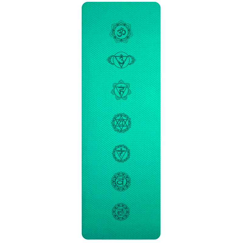 Image showcasing the EcoGrip Yoga Mat in three vibrant colors: teal, black, and red. Each mat features chakra symbols aligned along its center, emphasizing balance and spirituality. Made from eco-friendly TPE material, these mats offer a non-slip surface, 6mm thickness for comfort, and a durable, tear-resistant structure, ideal for yoga or fitness routines.