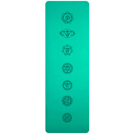 Image showcasing the EcoGrip Yoga Mat in three vibrant colors: teal, black, and red. Each mat features chakra symbols aligned along its center, emphasizing balance and spirituality. Made from eco-friendly TPE material, these mats offer a non-slip surface, 6mm thickness for comfort, and a durable, tear-resistant structure, ideal for yoga or fitness routines.