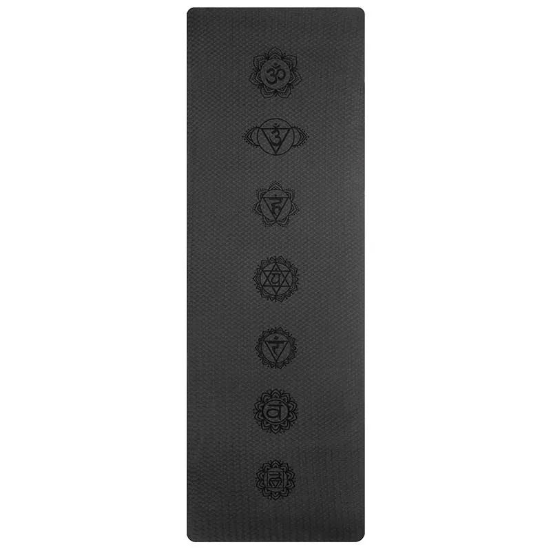 Image showcasing the EcoGrip Yoga Mat in three vibrant colors: teal, black, and red. Each mat features chakra symbols aligned along its center, emphasizing balance and spirituality. Made from eco-friendly TPE material, these mats offer a non-slip surface, 6mm thickness for comfort, and a durable, tear-resistant structure, ideal for yoga or fitness routines.