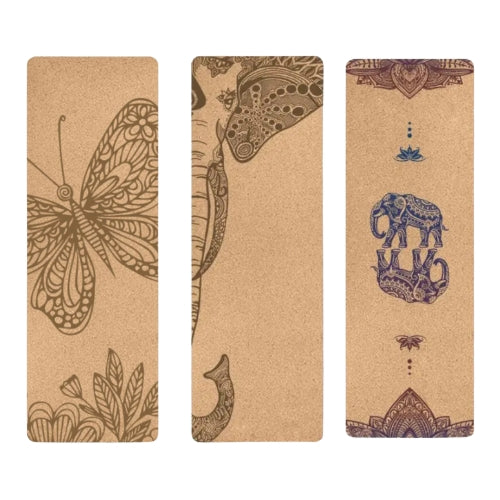 Image of the Eco Mat, a sustainable yoga mat featuring a natural cork surface with a detailed elephant-inspired design. The mat combines thickened cork and TPE for a durable, non-slip, and eco-friendly foundation. Its earthy tones and intricate patterns make it a stylish and functional choice for yoga practitioners.