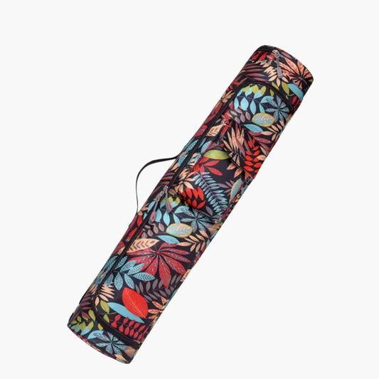 The FlexiMat Yoga Bag features a vibrant, nature-inspired design with colorful leaves on a dark background. This spacious and durable yoga mat carrier is crafted from high-quality, water-resistant fabric, ensuring protection against moisture and wear. It includes a sturdy handle, an adjustable shoulder strap for comfortable carrying, and a secure zipper closure. A convenient front pocket allows easy storage for small essentials like keys, phone, or wallet.