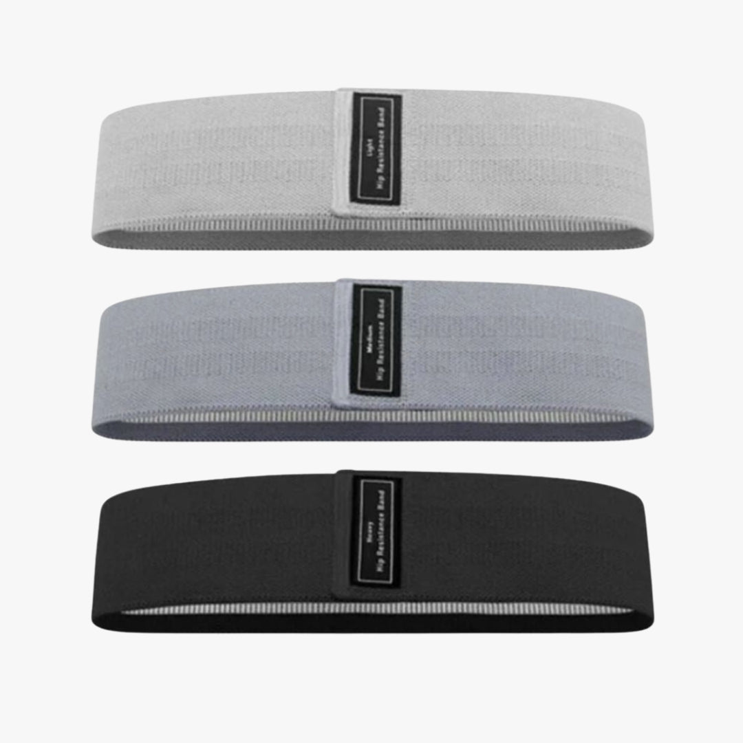 A set of three OmBand Resistance in gray, dark gray, and black, designed for strength training, stretching, and mobility exercises. Made from eco-friendly rubber with a non-slip surface, these resistance bands provide varying levels of support for yoga, Pilates, rehabilitation, and muscle toning. Ideal for home workouts, gym sessions, or studio use.
