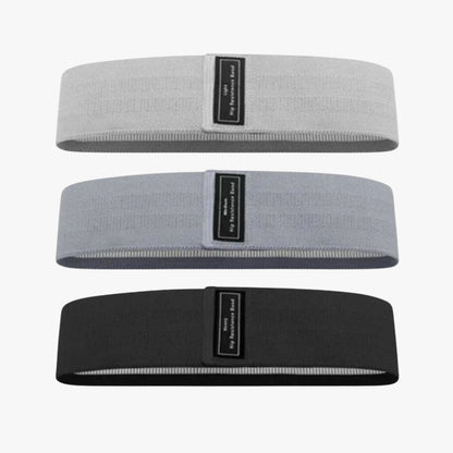 A set of three OmBand Resistance in gray, dark gray, and black, designed for strength training, stretching, and mobility exercises. Made from eco-friendly rubber with a non-slip surface, these resistance bands provide varying levels of support for yoga, Pilates, rehabilitation, and muscle toning. Ideal for home workouts, gym sessions, or studio use.