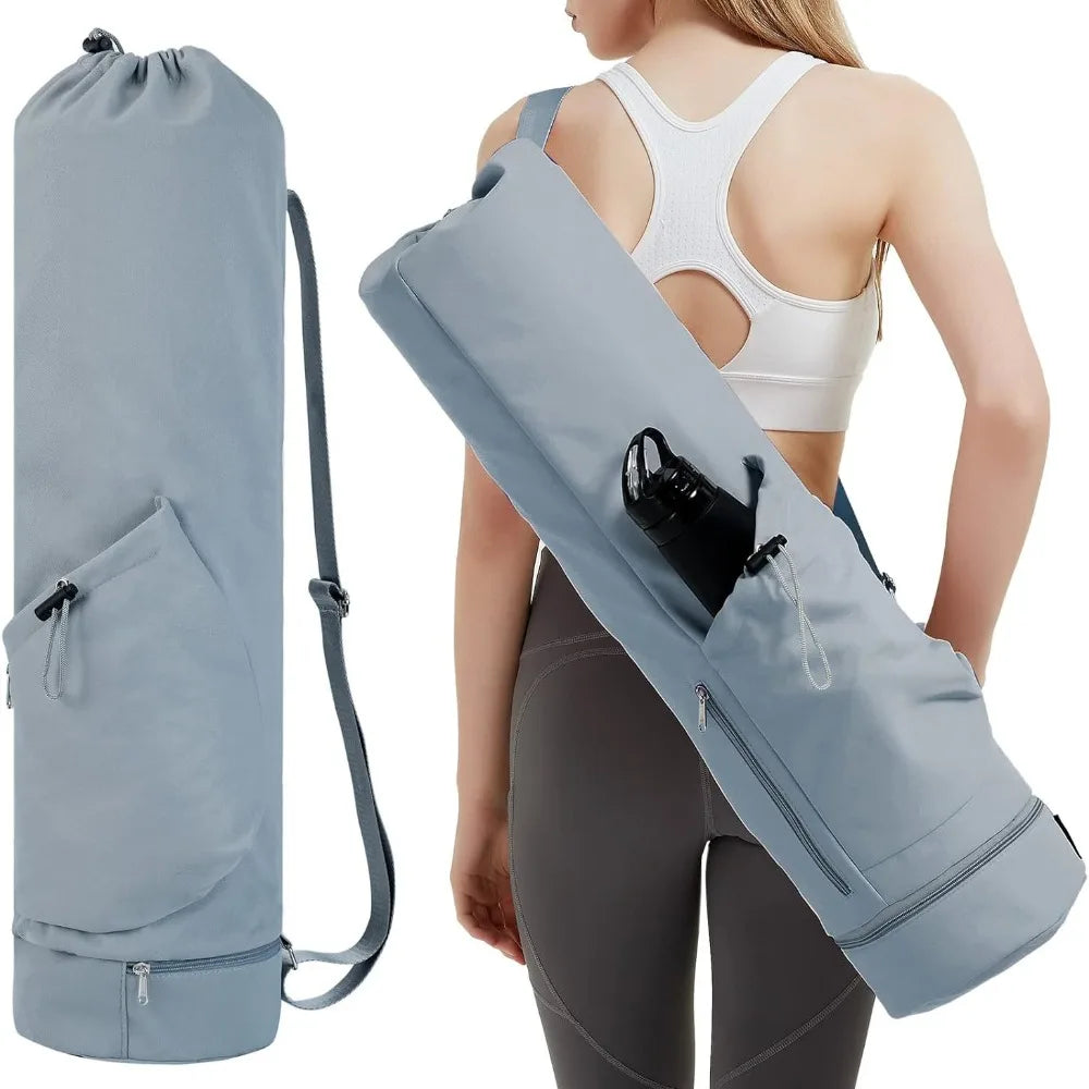 Image showcasing the Plus Bag in three colors: light gray, sage green, and black. This large-capacity yoga mat bag features a durable polyester cotton design with an adjustable shoulder strap, roomy drawstring pocket, and small zip pocket for easy storage and organization. Ideal for carrying mats up to 10 mm thick and other yoga essentials, it combines functionality with sleek, modern style.