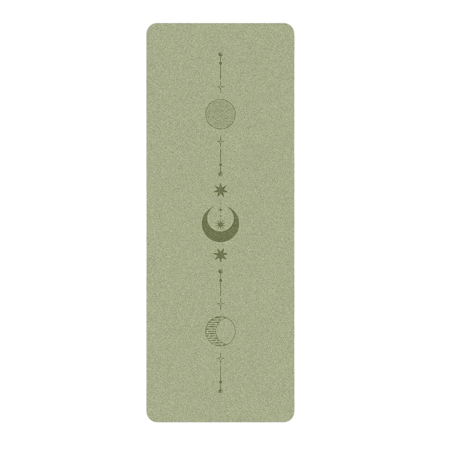 Image of the EcoFlow Yoga Mat in a calming green hue, featuring celestial designs with a moon and stars alignment line. Made from eco-friendly natural rubber, the mat offers a non-slip surface and optimal cushioning for stability and comfort. The minimalistic and spiritual design makes it a stylish and functional companion for yoga or Pilates practice.