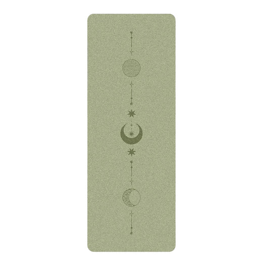 Image of the EcoFlow Yoga Mat in a calming green hue, featuring celestial designs with a moon and stars alignment line. Made from eco-friendly natural rubber, the mat offers a non-slip surface and optimal cushioning for stability and comfort. The minimalistic and spiritual design makes it a stylish and functional companion for yoga or Pilates practice.