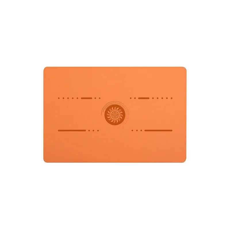 Image of the FlexPad, a rectangular yoga pad in orange, designed for targeted support and comfort during yoga or fitness exercises. The pad features a central patterned design and subtle grooves, made from eco-friendly PU natural rubber. Compact and lightweight, it provides stability and cushioning for knees, head, or other sensitive areas.