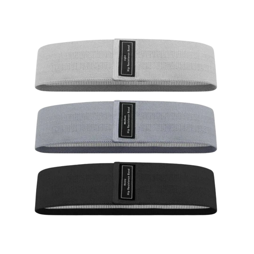 Image of the OmBand, a durable and elastic resistance band made from high-quality polyester and latex silk. Shown in light gray, this versatile band is designed for lower body exercises, providing resistance to enhance strength, flexibility, and muscle tone. Perfect for all fitness levels, it is an essential accessory for home or gym workouts.