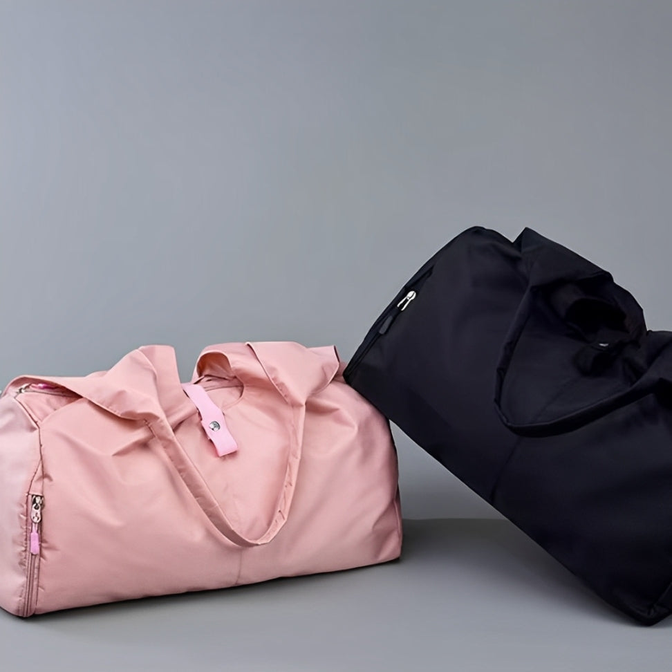 Move Ease yoga and gym bags in elegant pink and black. Designed for fitness and travel, these spacious, water-resistant bags feature a durable nylon construction, sturdy handles, and an adjustable shoulder strap. Perfect for carrying yoga mats, gym essentials, and personal belongings with ease.