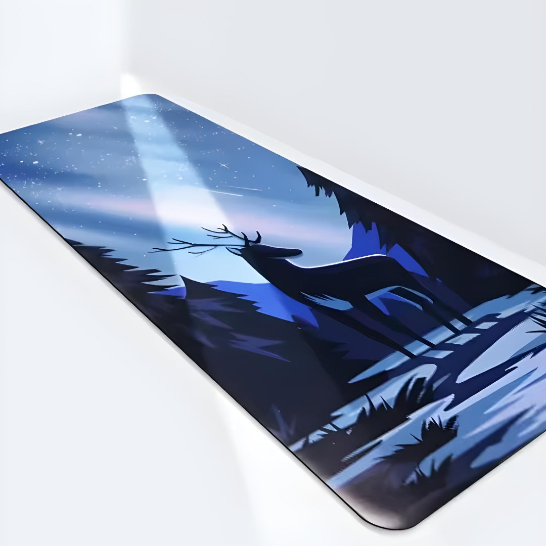 The Plentyoga GreenMind Yoga Mat, captured from a dynamic perspective, showcases its stunning celestial deer design under a night sky. This eco-friendly mat, crafted from organic, non-toxic polyurethane with a natural rubber base, offers superior grip and shock absorption. Its precision alignment markers enhance posture and positioning, making it ideal for yoga, Pilates, and meditation. The rich blue tones and serene forest imagery inspire a deep, mindful connection to nature.