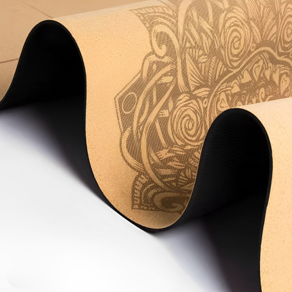 Close-up view of the Plentyoga cork yoga mat featuring an intricate design on a natural cork surface with a durable eco-friendly base. This mat offers excellent grip, comfort, and sustainability, perfect for mindful yoga practices and environmental-conscious living.