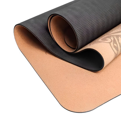 Rolled Plentyoga cork yoga mat showcasing a natural cork surface paired with a durable, non-slip eco-friendly base. Designed for excellent grip, stability, and sustainable yoga practices, this mat offers comfort and support for all levels of practitioners.