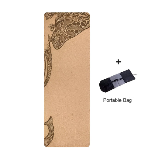 Plentyoga EverZen cork yoga mat in the Elephant Bliss design, featuring a natural cork top layer and eco-friendly TPE base. Includes a portable bag for easy transport. This anti-slip mat offers exceptional grip, comfort, and support for all yoga levels. Perfect for sustainable and mindful practice.