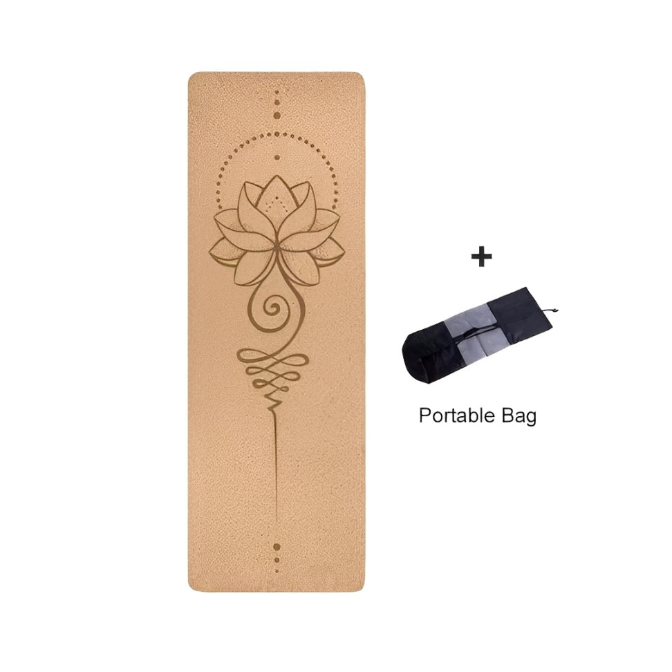 Plentyoga EverZen cork yoga mat in the Flower with You design, featuring a natural cork surface with a lotus-inspired pattern and eco-friendly TPE base. Includes a portable bag for convenience. This anti-slip mat provides superior grip, comfort, and support for mindful and sustainable yoga practice.
