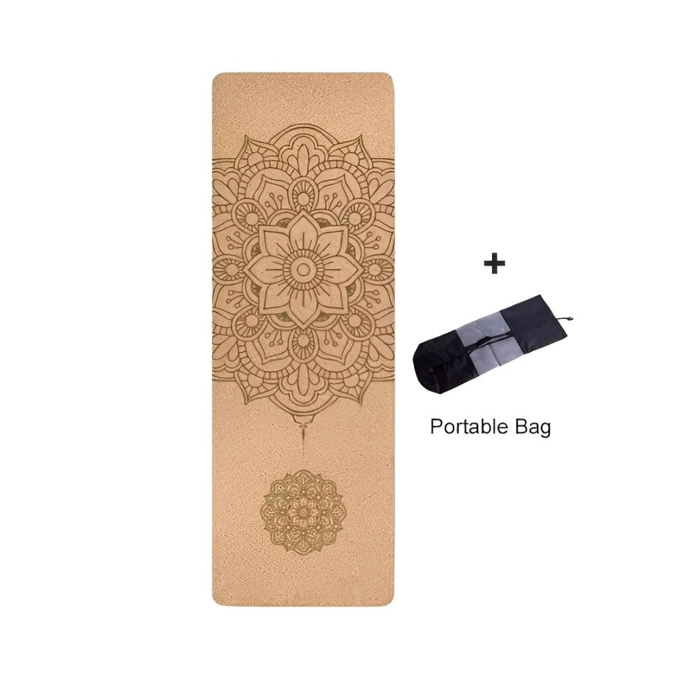 Plentyoga EverZen cork yoga mat in the Peace Always design, featuring an intricate mandala pattern on a natural cork surface with an eco-friendly TPE base. Comes with a portable bag for easy transportation. This anti-slip mat ensures excellent grip, comfort, and support for mindful and sustainable yoga practice.