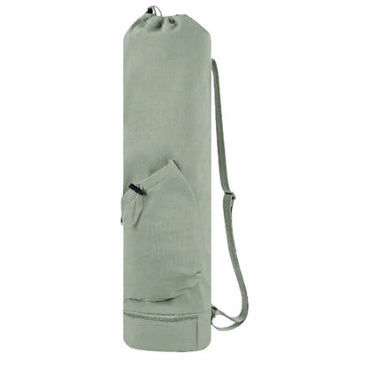 Image showcasing the Plus Bag in three colors: light gray, sage green, and black. This large-capacity yoga mat bag features a durable polyester cotton design with an adjustable shoulder strap, roomy drawstring pocket, and small zip pocket for easy storage and organization. Ideal for carrying mats up to 10 mm thick and other yoga essentials, it combines functionality with sleek, modern style.