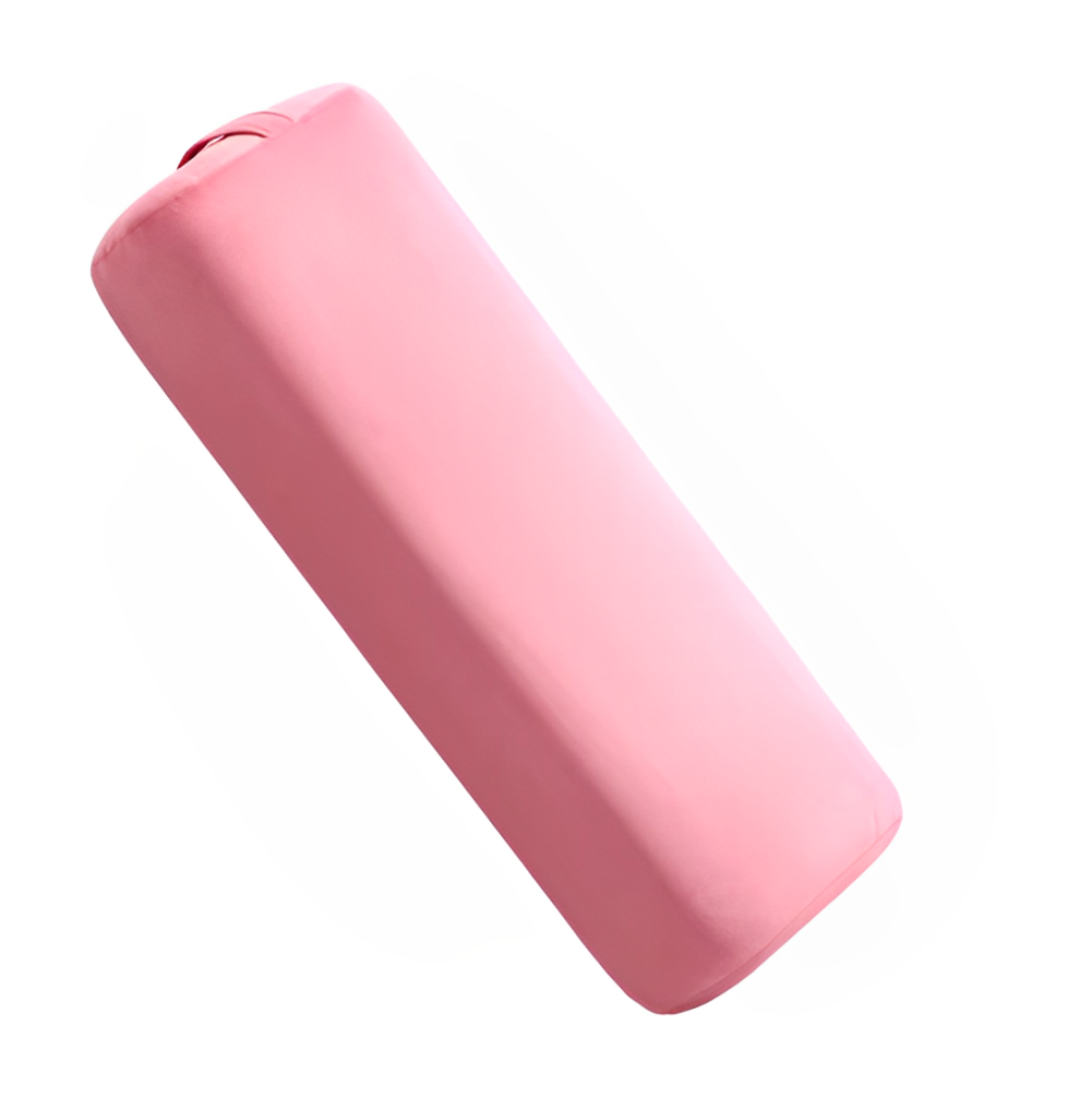 Image of the Prana Cushion, available in soft pink and gray colors. This eco-friendly yoga bolster features a sleek, rectangular design, made from mixed-density recycled foam layers for superior support and comfort. Perfect for meditation and yoga, it includes a machine-washable cover with a hidden zipper for easy maintenance.