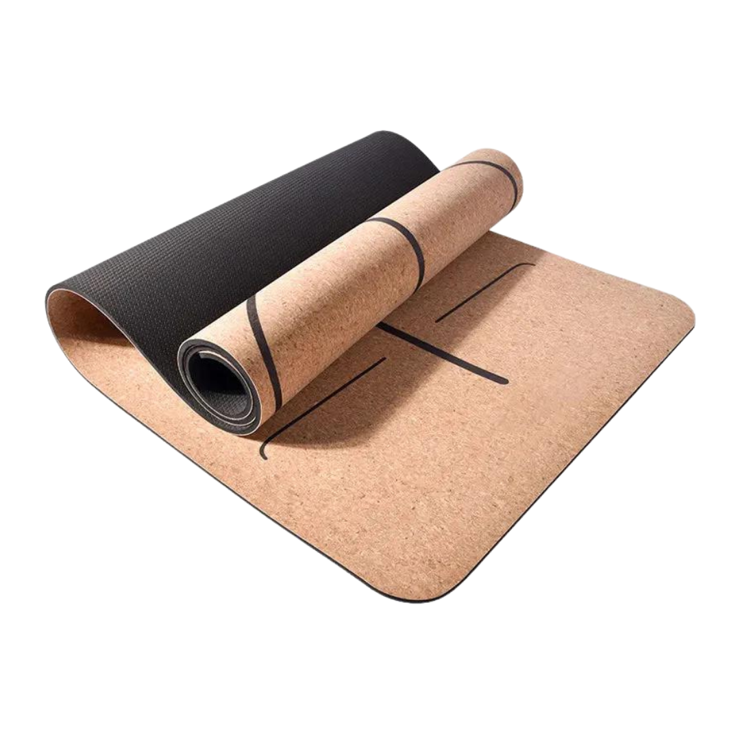 Image of the Pure Cork Yoga Mat, featuring a natural cork surface and black TPE backing. The mat is unrolled, showcasing alignment lines for precision in practice. Designed for eco-conscious yogis, it offers excellent grip and cushioning in both dry and wet conditions, making it ideal for yoga, Pilates, and fitness exercises.