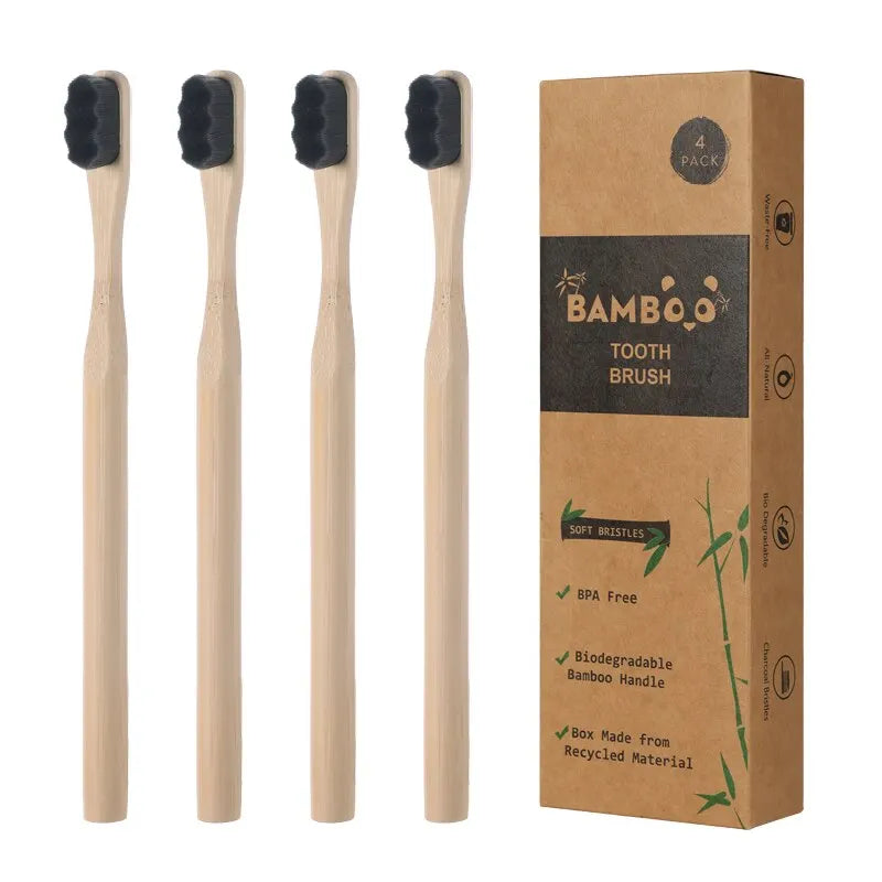 Image of PureEarth toothbrushes featuring natural bamboo handles and black bristles. These eco-friendly toothbrushes are designed to reduce plastic waste while providing a deep and effective clean. Displayed in a minimalist setting, they are perfect for those seeking a sustainable oral care solution.