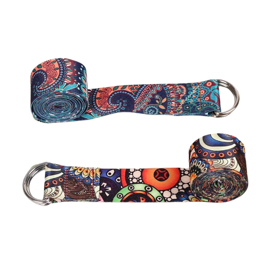 Image of the PureFlex Yoga Straps available in vibrant patterned designs, light blue, and purple colors. These adjustable and durable straps are made from soft polyester interlaced yarn, ideal for enhancing flexibility, alignment, and support during yoga practice. Perfect for beginners and advanced yogis alike.