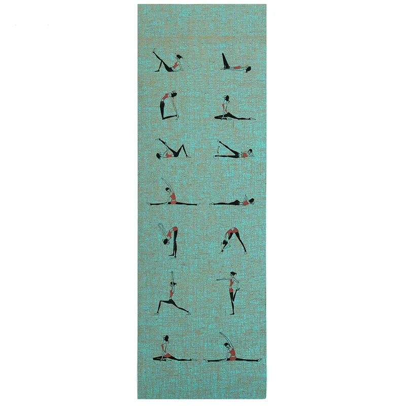 Image of the PureJute Yoga Mats, featuring a natural jute surface combined with PVC foam for comfort and durability. Designs include yoga pose illustrations and artistic patterns, offering functionality and aesthetics. Each mat comes with a carry strap, making it ideal for home, studio, or outdoor use. Perfect for eco-conscious yogis.