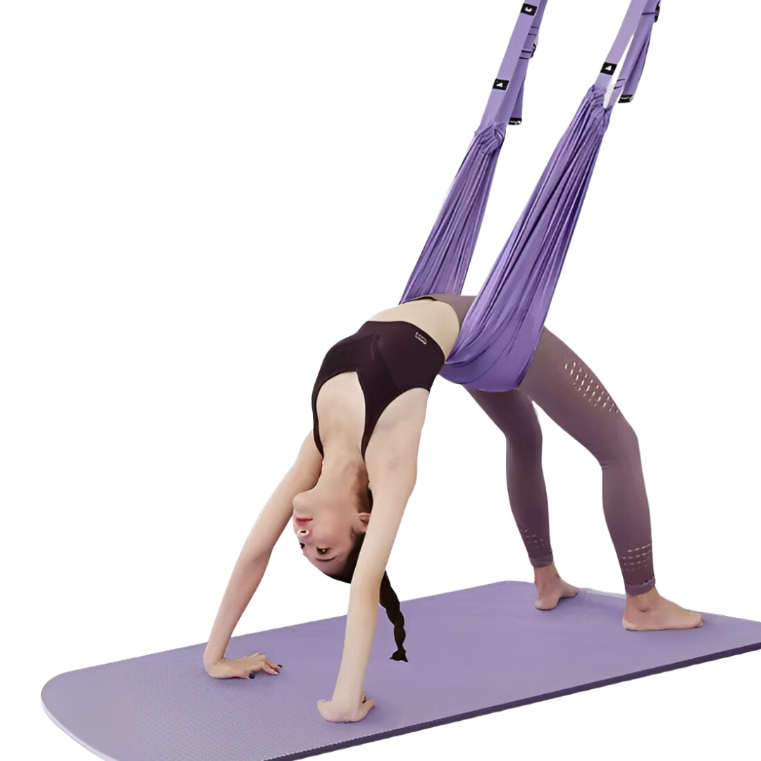 Image of the FlexStrap, a durable and adjustable aerial yoga strap made from tear-resistant polyester. With a 3-meter length and multiple loops, it supports up to 136 kg, making it perfect for leg splits, hamstring stretches, inversion poses, and aerial yoga. Lightweight and portable, it's designed for flexibility, balance, and strength enhancement.