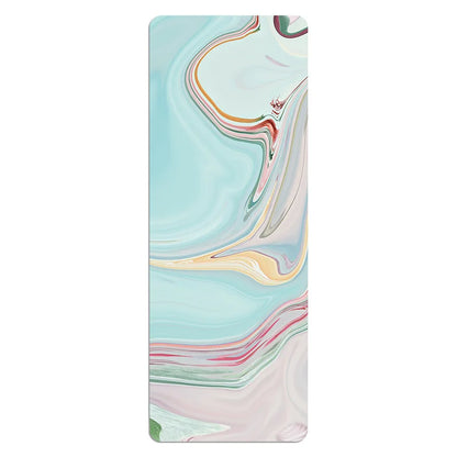 Image of the Travel Ease Yoga Mat featuring a colorful marble-like design. Made from a durable suede and rubber blend, this ultra-thin, foldable mat is perfect for travel and compact storage. Its non-slip surface and vibrant pattern make it an ideal companion for yoga, Pilates, and fitness routines.