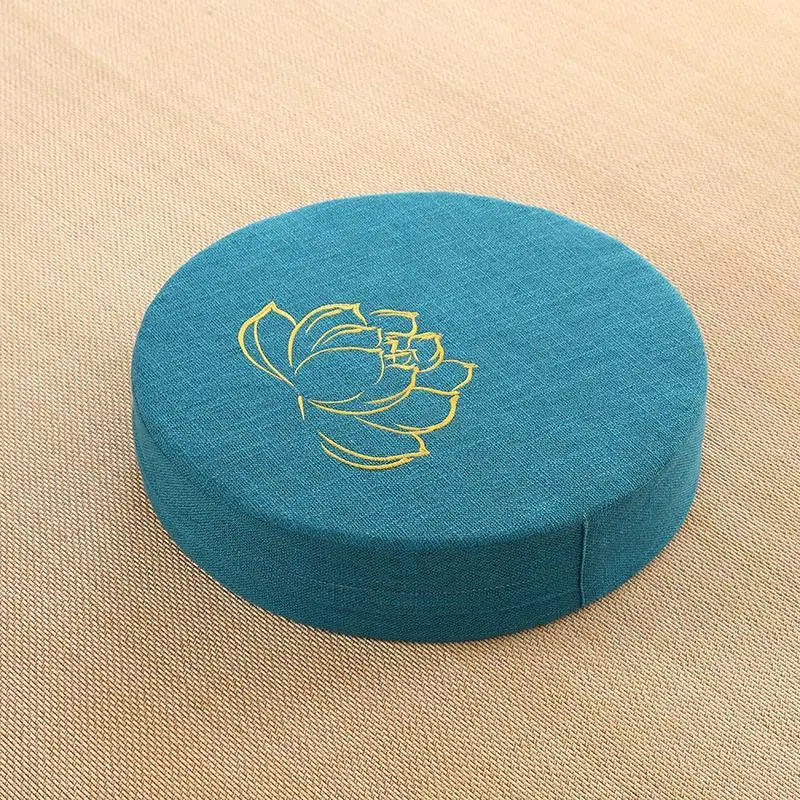 Image of the ZenBase Meditation Cushions in gray, brown, and red, each featuring a minimalist lotus design. These durable cushions provide firm support for meditation and yoga, combining Japanese-inspired tatami aesthetics with practicality. Compact, washable, and perfect for enhancing mindfulness practices.