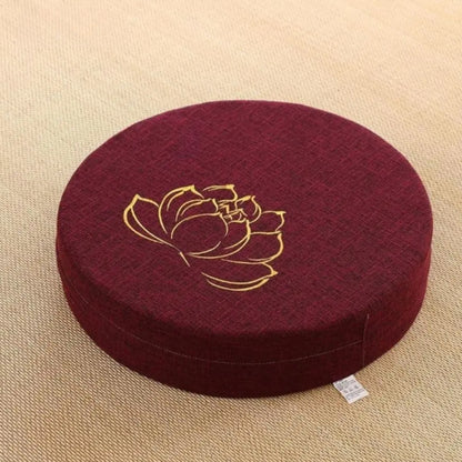 Image of the ZenBase Meditation Cushions in gray, brown, and red, each featuring a minimalist lotus design. These durable cushions provide firm support for meditation and yoga, combining Japanese-inspired tatami aesthetics with practicality. Compact, washable, and perfect for enhancing mindfulness practices.